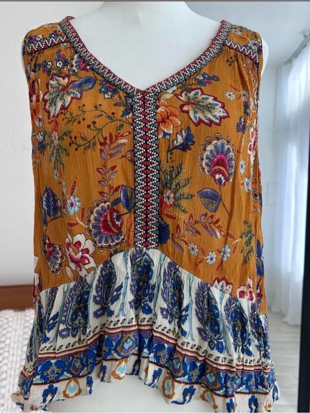 Patrons of Peace Mustard Floral Boho Sleeveless Camisole with Blue & Cream Trim